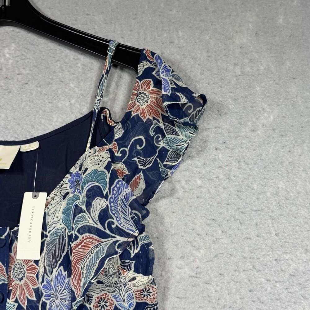 Anthropologie Maeve Blouse Top Women’s Size 6 Navy Floral Ruffle Open-Shoulder - Picture 4 of 15